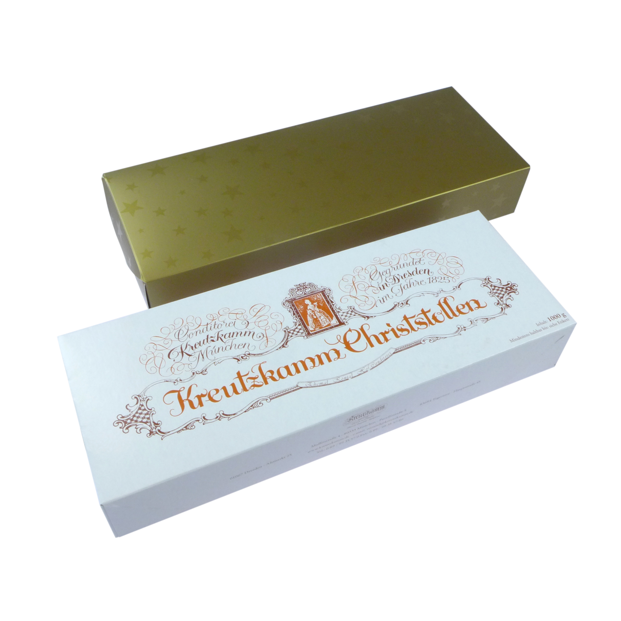 05-Stollen-im-Geschenkpacket Geschlossene goldene Schachtel und weisse Schachtel mit Aufschrift Kreutzkamm Christstollen.