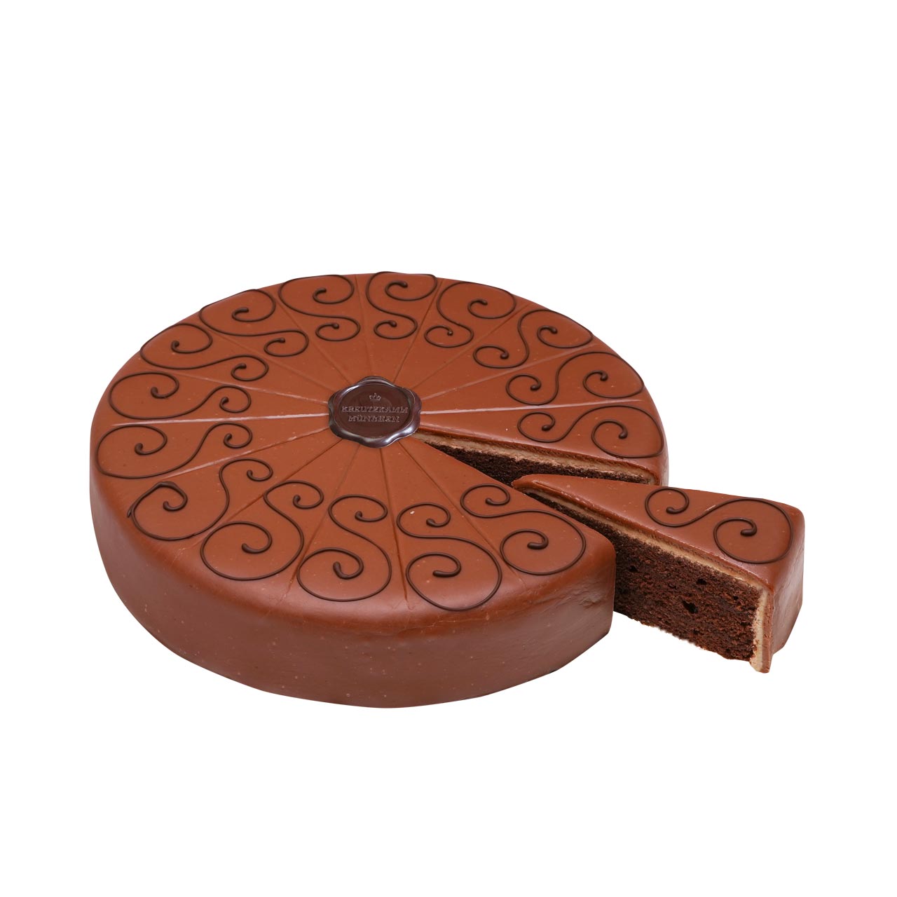 Sacher-Torte-Gross-St-ck-im-Schnitt Schokoladenkuchen mit einem Stueck herausgeschnitten, dekoriert mit spiralf