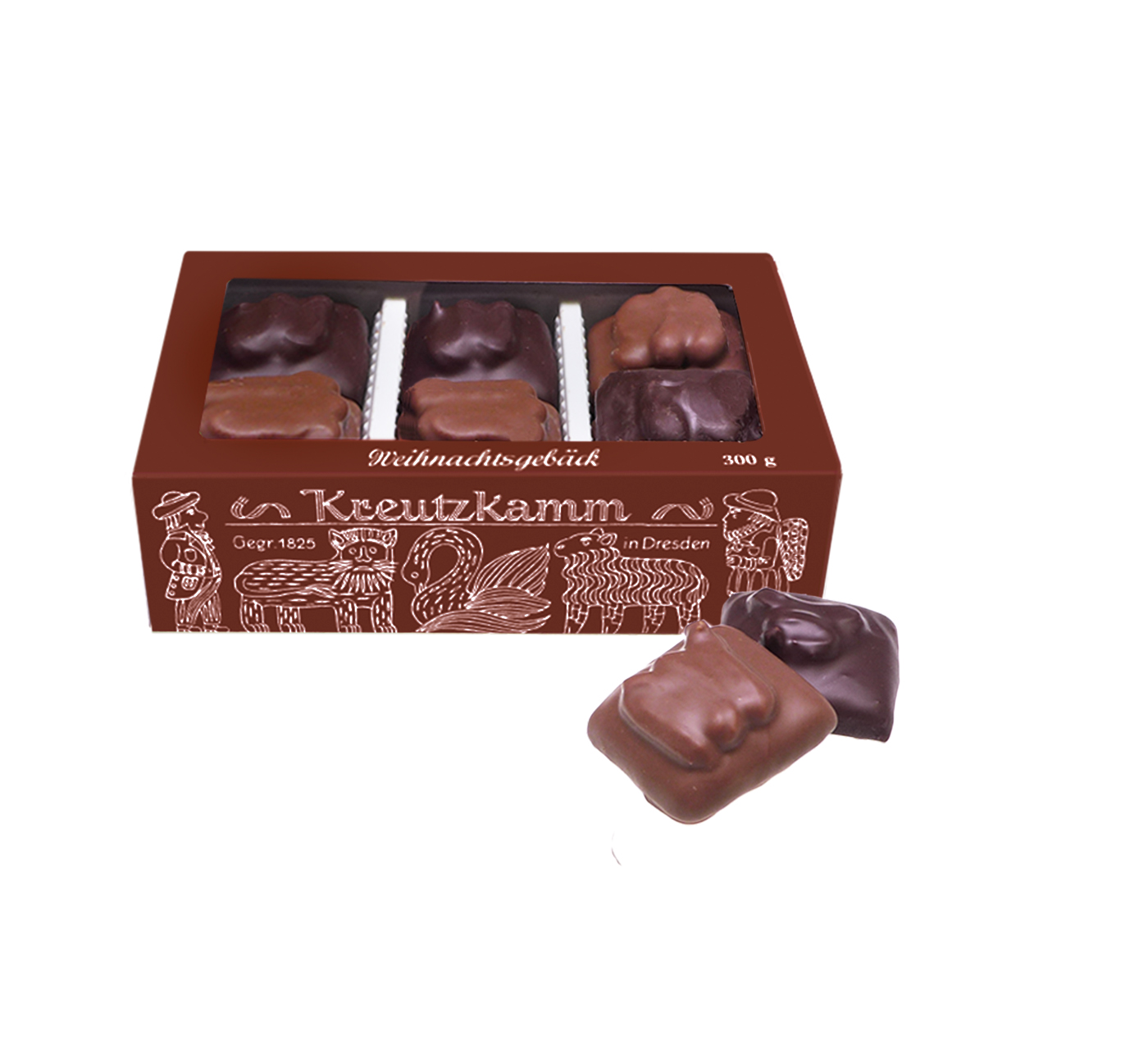 Printen-Retro_2023 Schachtel mit Pralinen. Text: Kreutzkamm, Weihnachtsgebaeck, Gegr. 1825, in Dresden, 300 g.