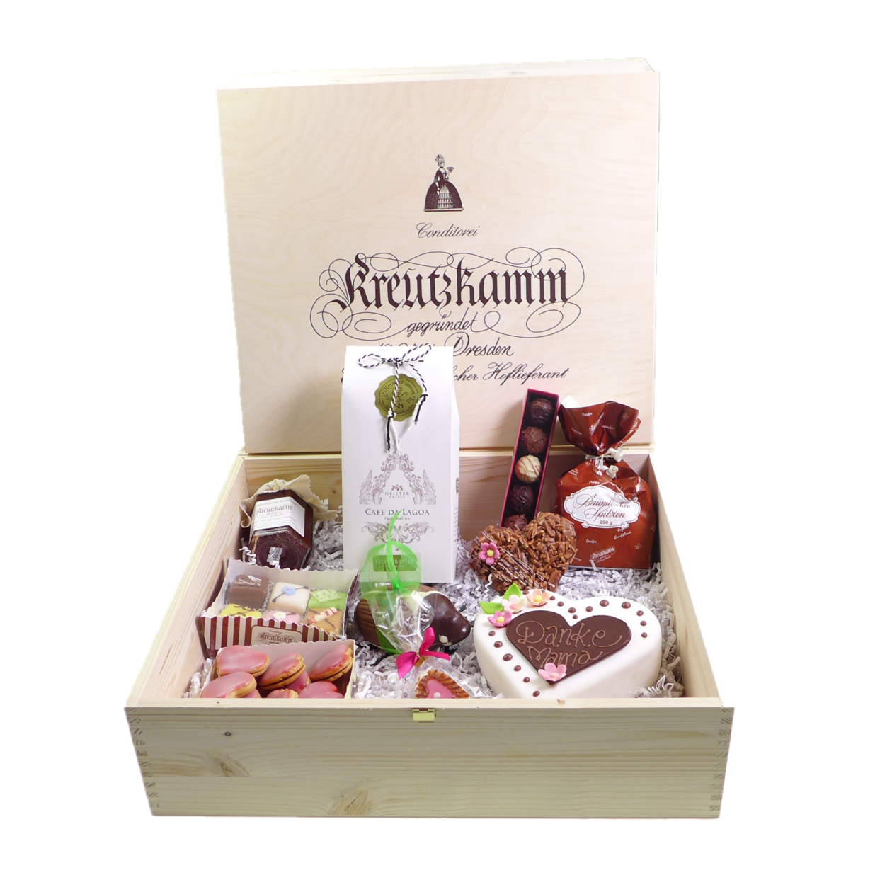 Holzkiste mit Schokolade, Kuchen und Kaffee; Text: Backhaus Kreutzkamm gegruendet in Dresden.
