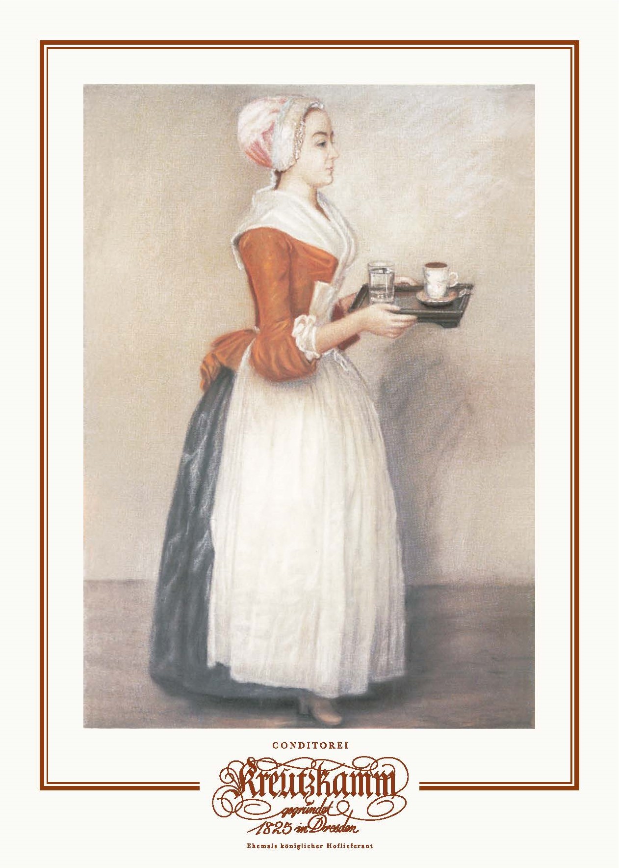 Postkarte-Schokomaedchen Frau in historischer Kleidung traegt Tablett mit Tasse und Glas. Schriftzug: Konditorei Kreutzkamm gegruendet 1825 in Dresden Ehemals koeniglicher Hoflieferant.