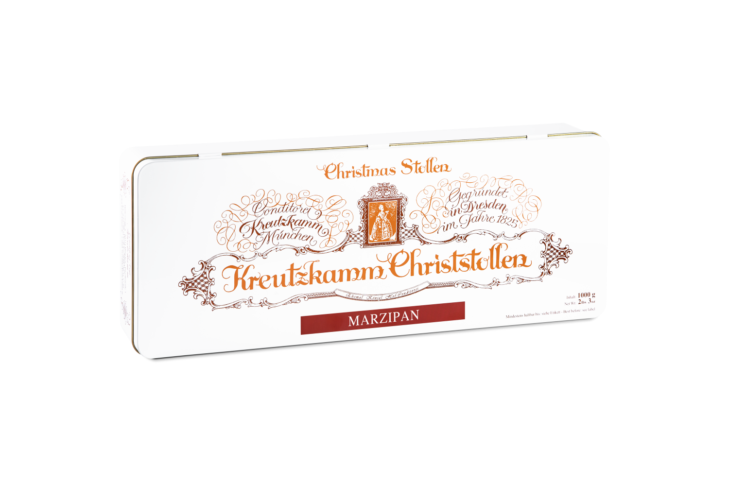 Kreutzkamm_Verpackungen_Marzipanstollen_Blechdose_1000g-klein Kreutzkamm Christstollen in rechteckiger weisser Blechdose mit brauner geschwungener Schrift und goldenen Akzenten. Text: "Christmas Stollen Konditorei Kreutzkamm Muenchen Gegruendet in Dresden im Jahre 1825 Kreutzkamm Christstollen MARZIPAN 1000g".