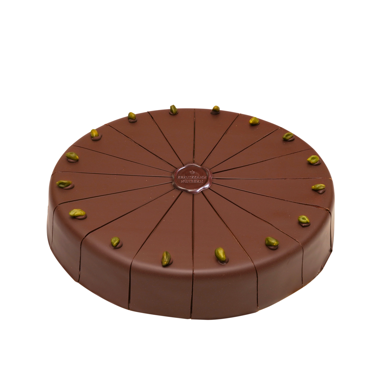 Herren-Torte-gross Runde Schokoladentorte mit Nussteilen dekoriert. Text in der Mitte: Backhaus Kreutzkamm.