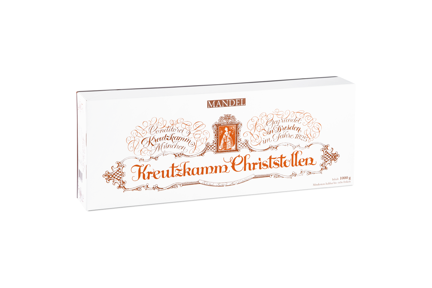 Kreutzkamm_Verpackungen_Mandelstollen_Karton_1000g-klein Weisse rechteckige Schachtel mit orangefarbigem Text und Ornamenten: "Kreutzkamm Christstollen".