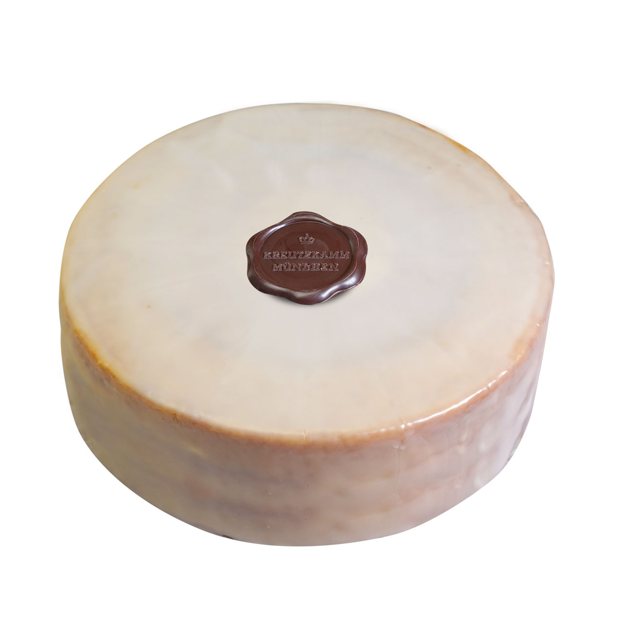 BK-Torte-gross Ein runder Kuchen mit glasierter Oberflaeche und einem Stempel