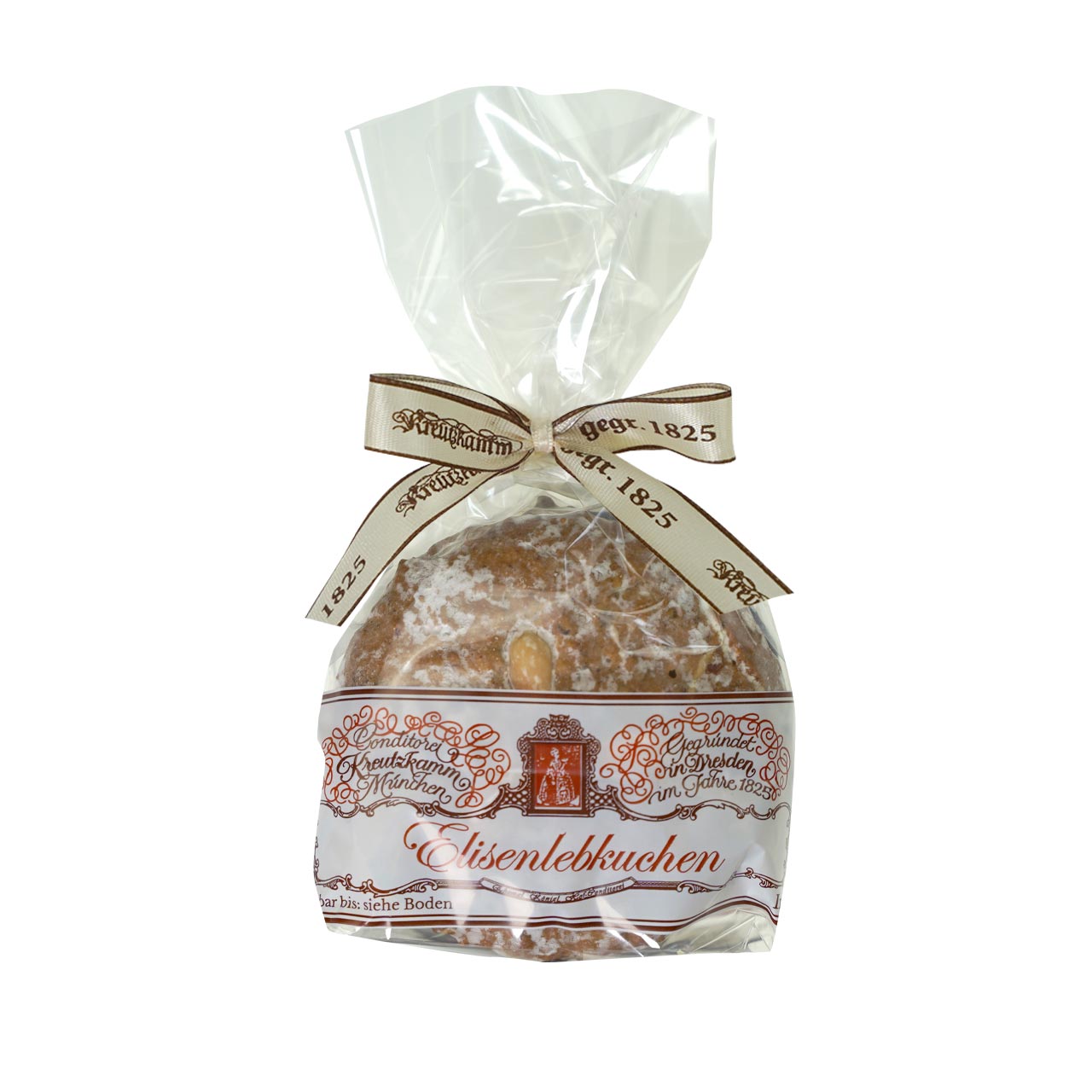 ElisenlebkuchenGemischt-Tuete Lebkuchen in Folienverpackung mit Schleife, beschriftet Backhaus Kreutzkamm seit 1825.