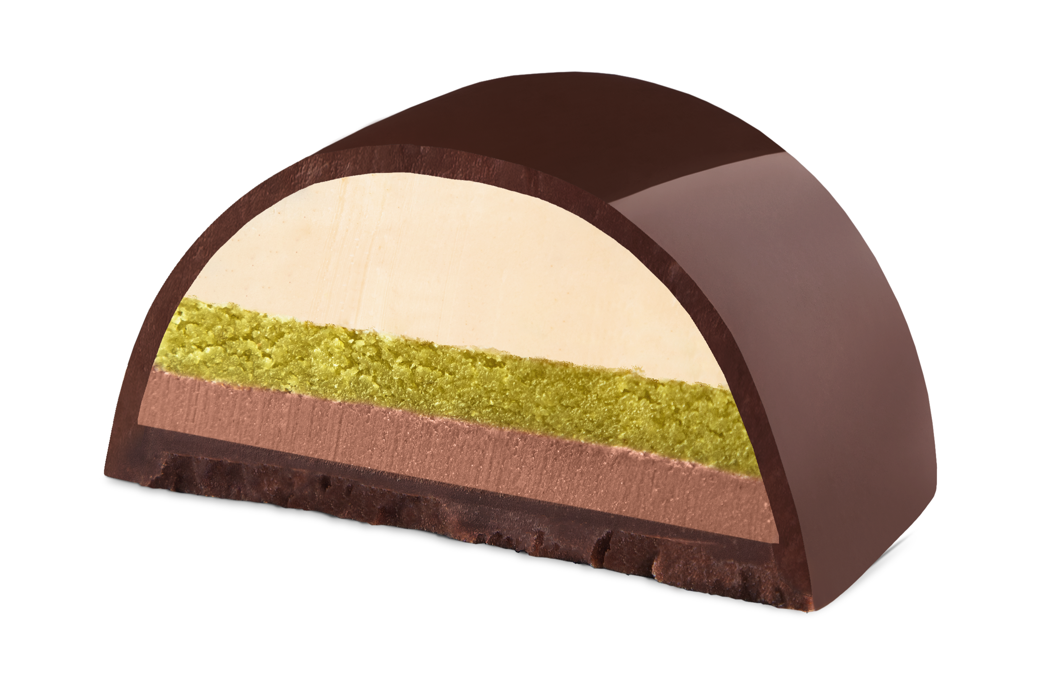 Eine halbierte Praline zeigt schichtige Fuellungen aus Schokolade, gruener Creme und Vanille.