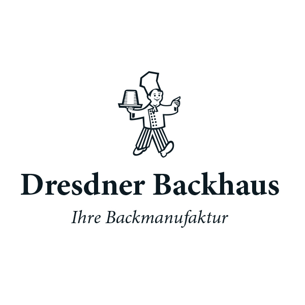Ein lachender Baecker traegt ein Tablett. Text: "Dresdner Backhaus, Ihre Backmanufaktur".
