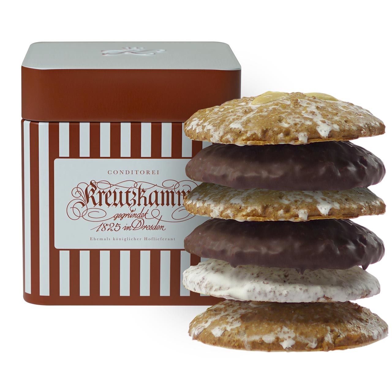 Lebkuchen-Dose-Neu Dose mit Aufschrift "Kreutzkamm, gegruendet 1825 in Dresden", daneben gestapelte Lebkuchen.