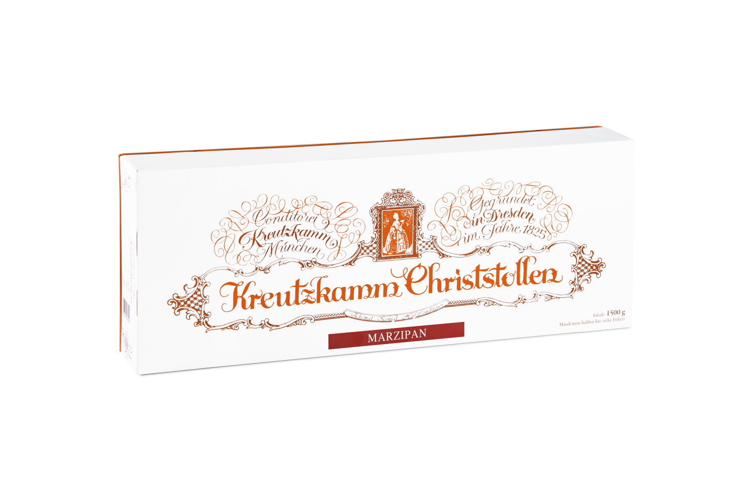Kreutzkamm_Verpackungen_Marzipanstollen_Karton_1500g-klein Weisse Verpackung mit folgendem Text: Konditorei Kreutzkamm Muenchen. Gegruendet in Dresden im Jahre 1825. Kreutzkamm Christstollen. Marzipan.