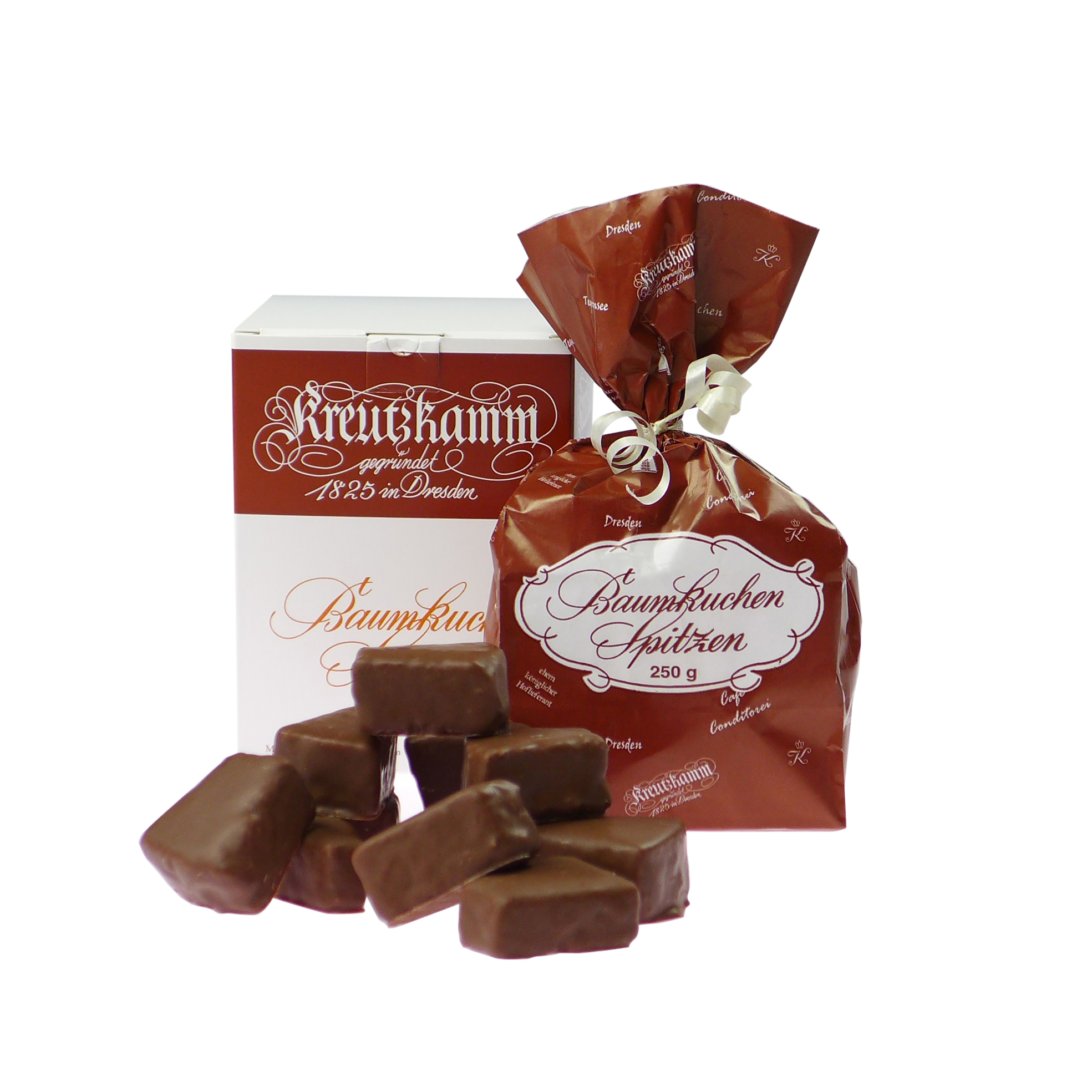 01-Baumkuchen-Spitzen-250g-Karton Schokoladenueberzogene Baumkuchenspitzen vor einer weissen Schachtel und einer braunen T