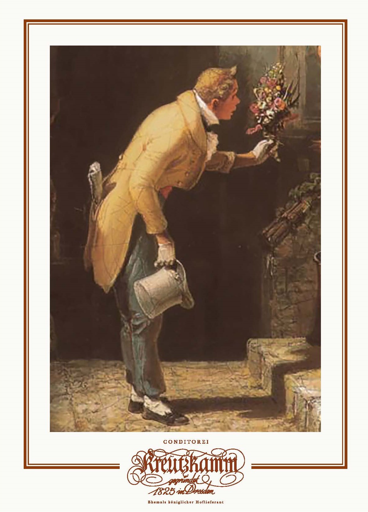 Postkarte-Gratulant Ein Mann in altmodischer Kleidung riecht an Blumenstrauss, haelt Giesskanne, Schreittreppe hinauf. Unten steht: "CONDITOREI Kreutzkamm gegruendet 1825 in Dresden. Ehemals koeniglicher Hoflieferant."