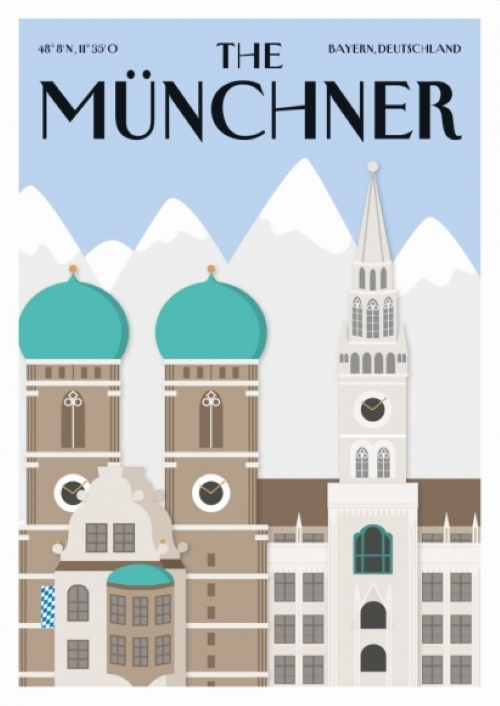 Zeichnung von Muenchens Wahrzeichen (Frauenkirche, Rathaus) vor Bergkulisse; Text: "THE MUENCHNER 48