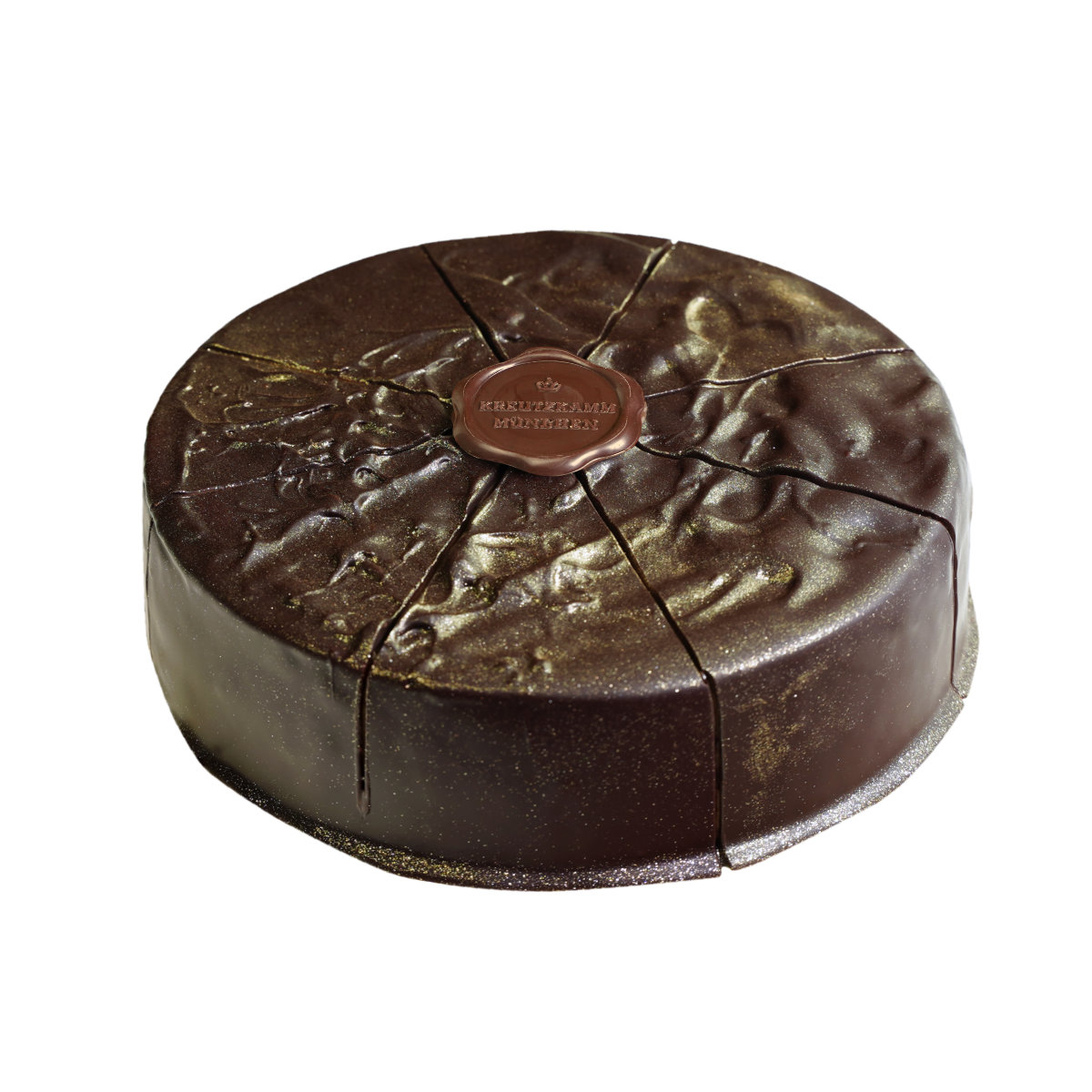 Torte-Netz Schokoladenkuchen, geschnitten, dekoriert mit Schokoladensiegel "Kreutzkamm Muenchen".