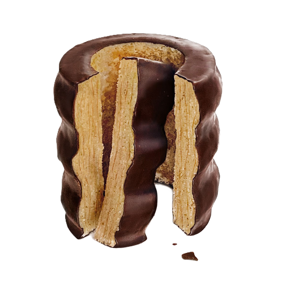 Baumkuchen mit gestapelten Lagen und dunkler Schokolade ueberzogen, angeschnitten, auf weissem Hintergrund.