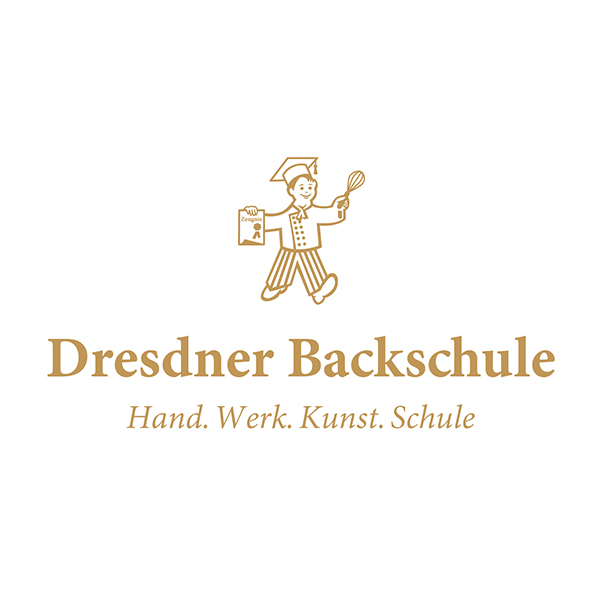 Illustration eines Baeckers mit Kochmuetze und Schneebesen, unter dem steht "Dresdner Backschule Hand. Werk. Kunst. Schule".