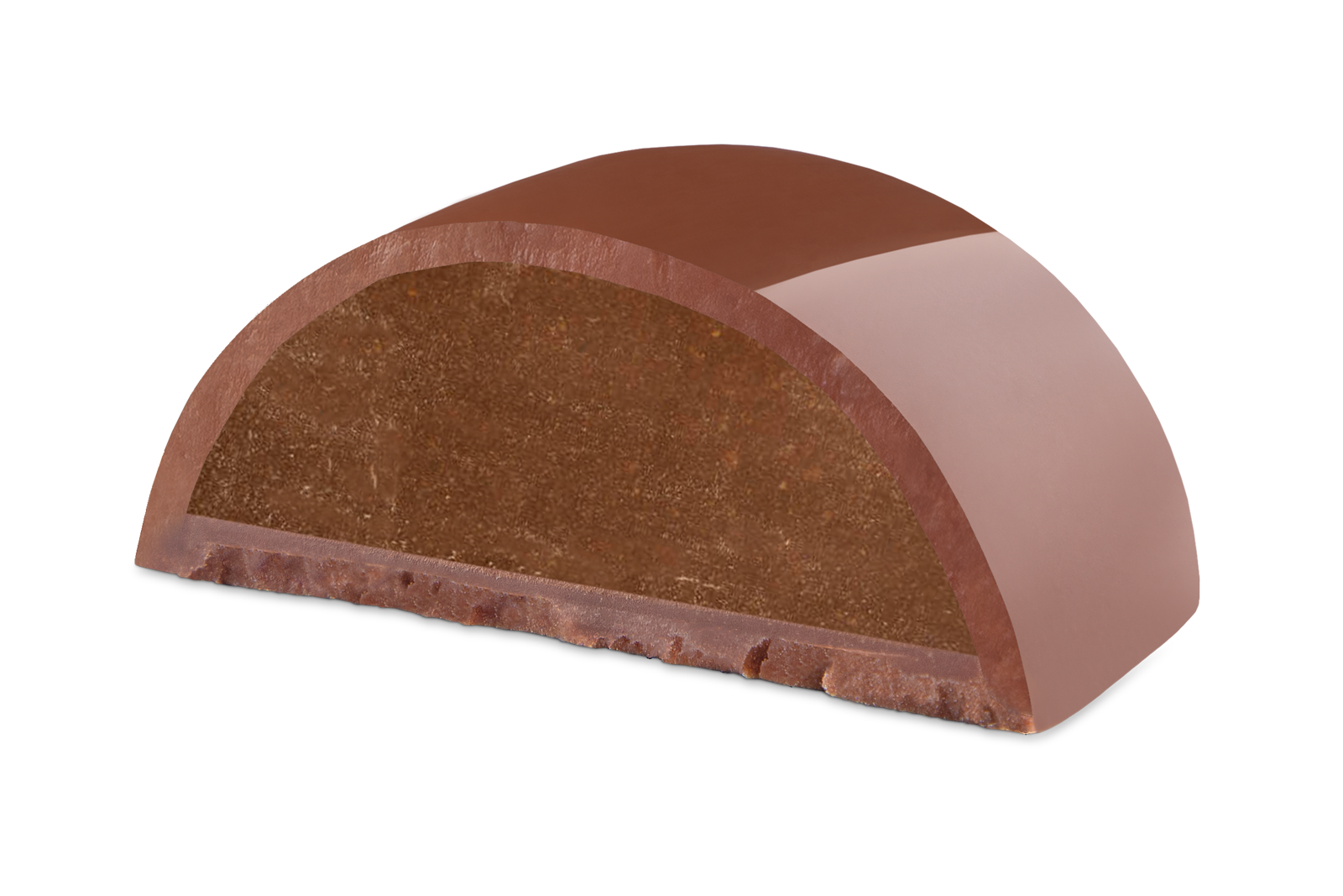 Hell_Dessert_Eier_Bitter_Nougat Halbierte Schokopraline zeigt Schichten aus Schokolade und Nougat im Querschnitt.