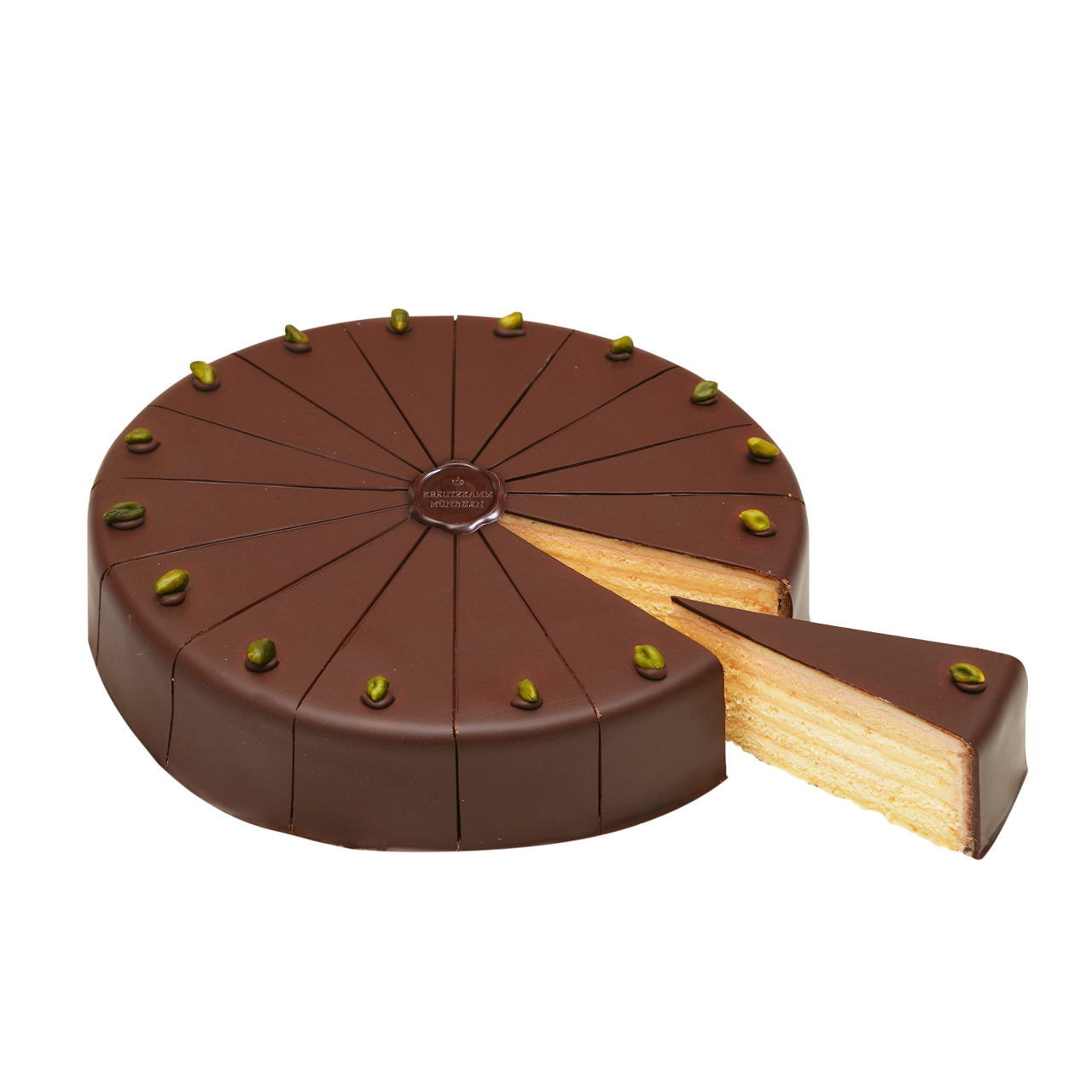 Herren-Torte-gross-Schnitt-Stueck Schokoladentorte mit Marzipanbedeckung, dekoriert mit Pistazien, ein Stueck ist entnommen. Text: "Backhaus Kreutzkamm".