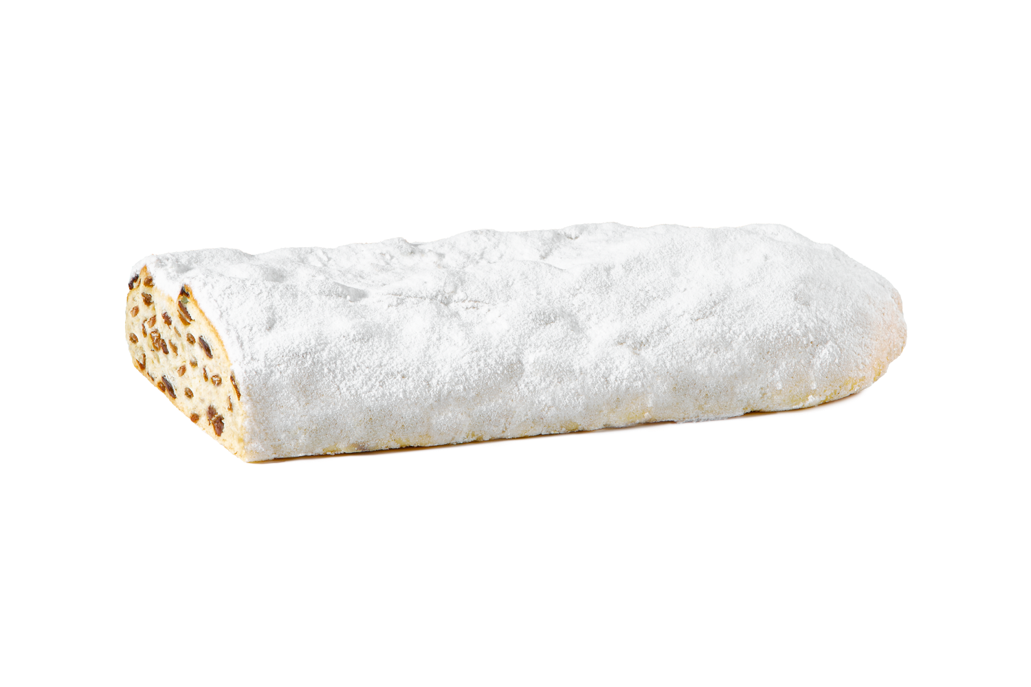 Christstollen-klein Stollen mit Puderzucker bedeckt, Liegt auf Teller, umgeben von schwarzem Hintergrund.