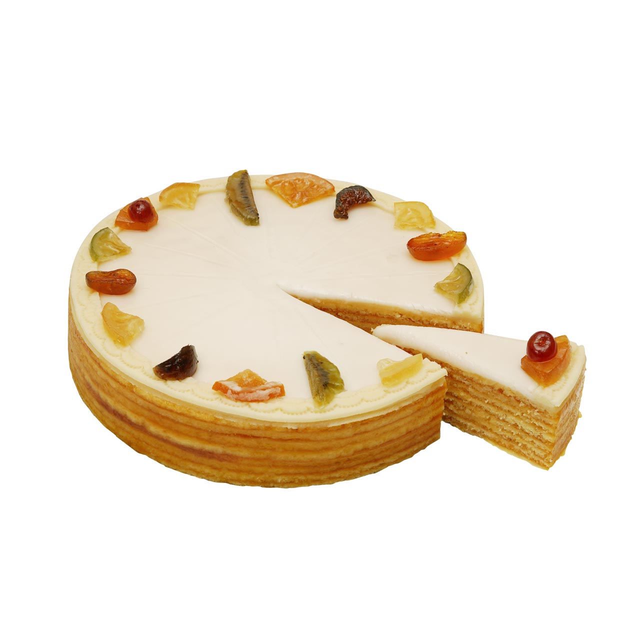 Kreutzkamm-Spezial-Torte-Schnitt-St-ck Kuchen mit weissem Zuckerguss, dekoriert mit kandierten Fruechten, ein Stueck herausgeschnitten.
