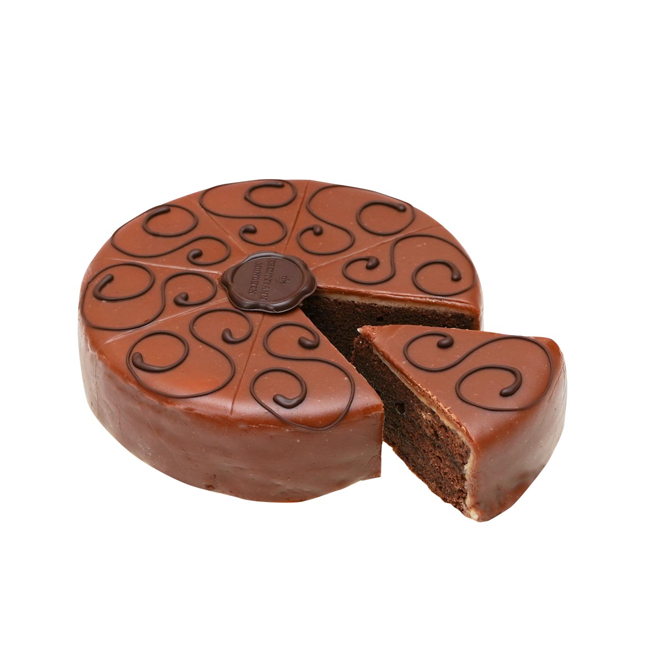 Sacher-Torte-klein-St-ck-im-Schnitt Schokoladentorte mit Verzierungen und Siegel "Backhaus Kreutzkamm", ein Stueck herausgeschnitten.