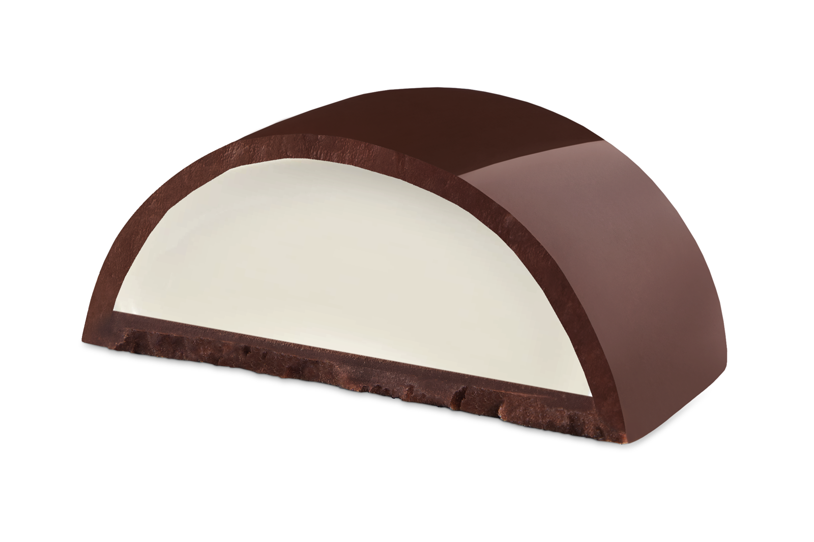 Dunkel_Dessert_Eier_Zitrone Halbierte Praline zeigt eine Schicht Schokolade um cremeweisse Fuellung in hell beleuchtetem Hintergrund.