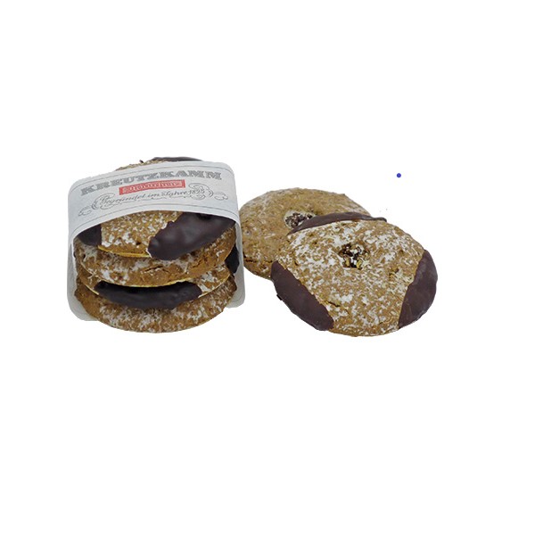 Lebkuchen mit Schokoladenueberzug in Papierverpackung mit der Aufschrift "Backhaus Kreutzkamm".