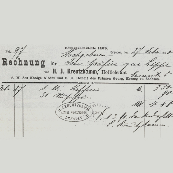 Rechnung von H. J. Kreutzkamm, Hoflieferant, fuer Hochzeitswaren. Datum: 27. Februar 1890. Stempel und Handschrift.