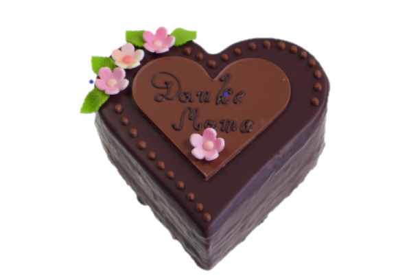Muttertragstorte-Schokolade Herzformiger Schokoladenkuchen mit Aufschrift 'Danke Mama', dekoriert mit Blumen und Blaettern.