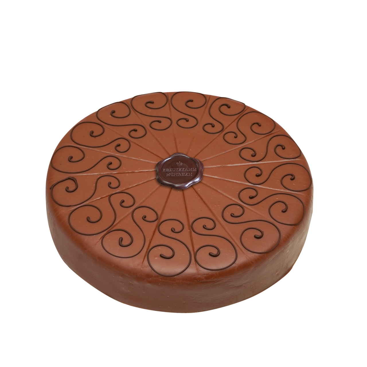 Sacher-Torte-Gross Runde Schokoladentorte mit dekorativen schwarzen Swirls und einem Siegel in der Mitte mit der Aufschrift "Kreutzkamm Muenchen".