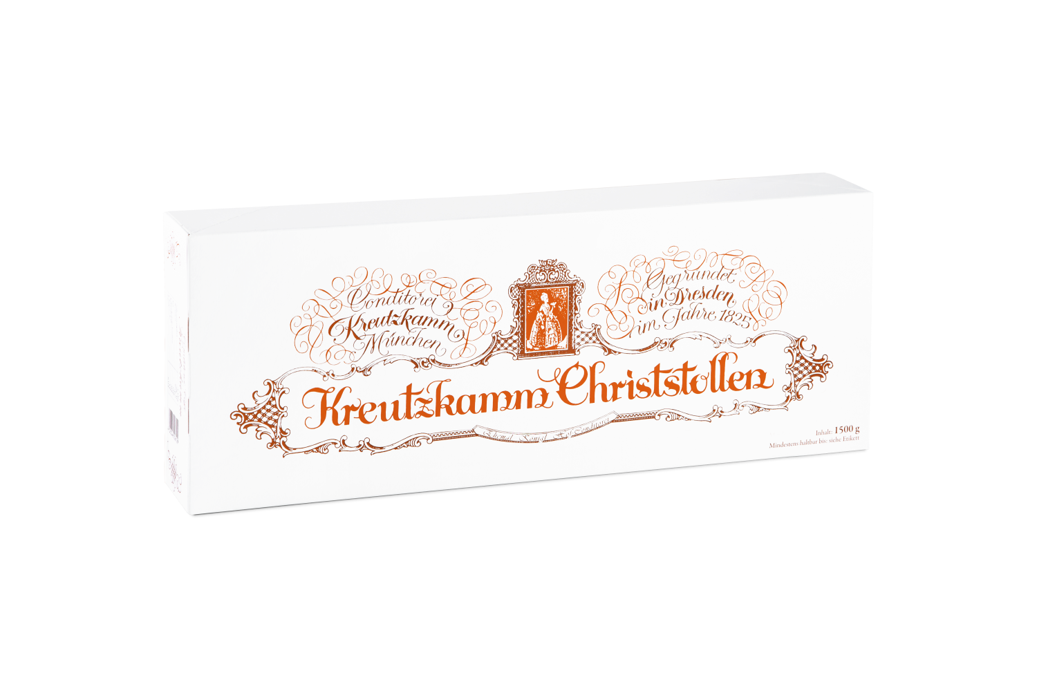 Kreutzkamm_Verpackungen_Christstollen_Karton_1500g-klein Weisse Verpackung mit verschnorkeltem Text: "Kreutzkamm Christstollen". Text: "Conditorei Kreutzkamm Muenchen, Gegruendet in Dresden im Jahre 1825".