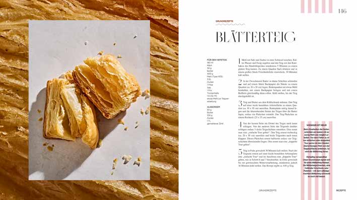 Buchvorstellung-Kreutzkamm-Backbuch Blatterteig wird auf Backpapier gelegt; daneben ein Rezepttext auf weissem Hintergrund.