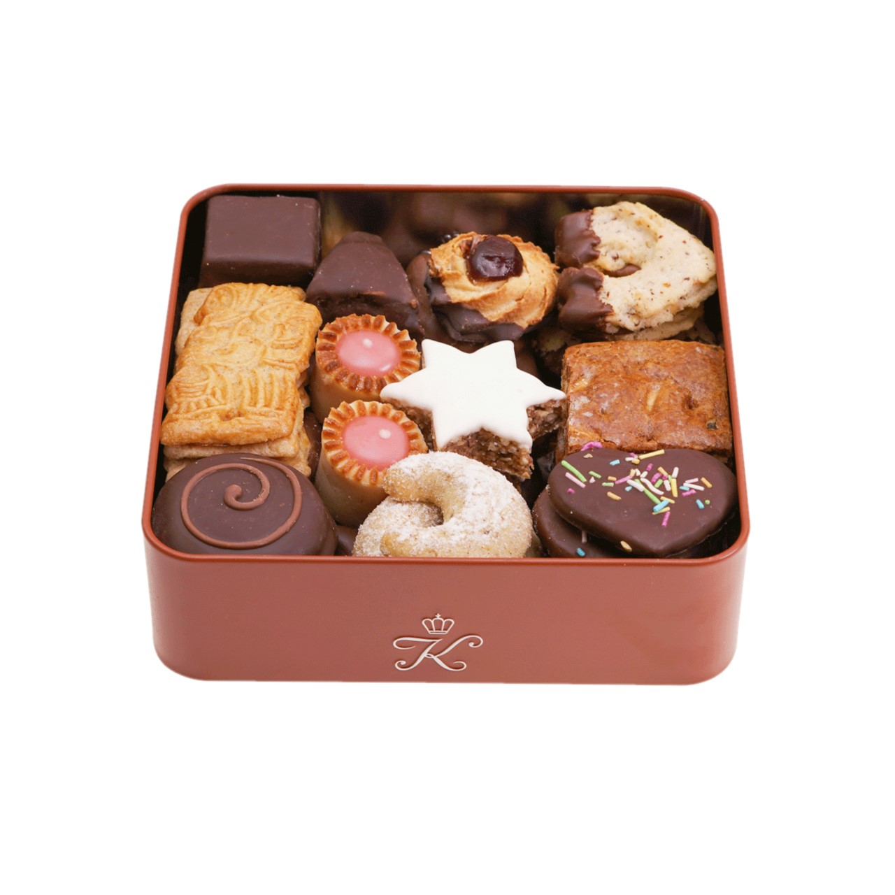 Weihnachtsgebaeck-Dose-offen Dose mit verschiedenen Keksen und Pralinen; festlich verpackt in einer roten Blechdose; Text: "K".