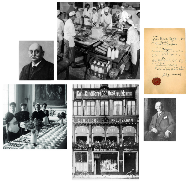 Oben links: Portrait eines Mannes. Mitte oben: Baecker arbeiten in einer Backstube. Mittig rechts: Handschriftliches Dokument mit Siegel. Rechts unten: Mann sitzt auf einem Stuhl. Mitte unten: Ladenfassade mit Schriftzug "Conditorei Kreutzkamm". Links unt