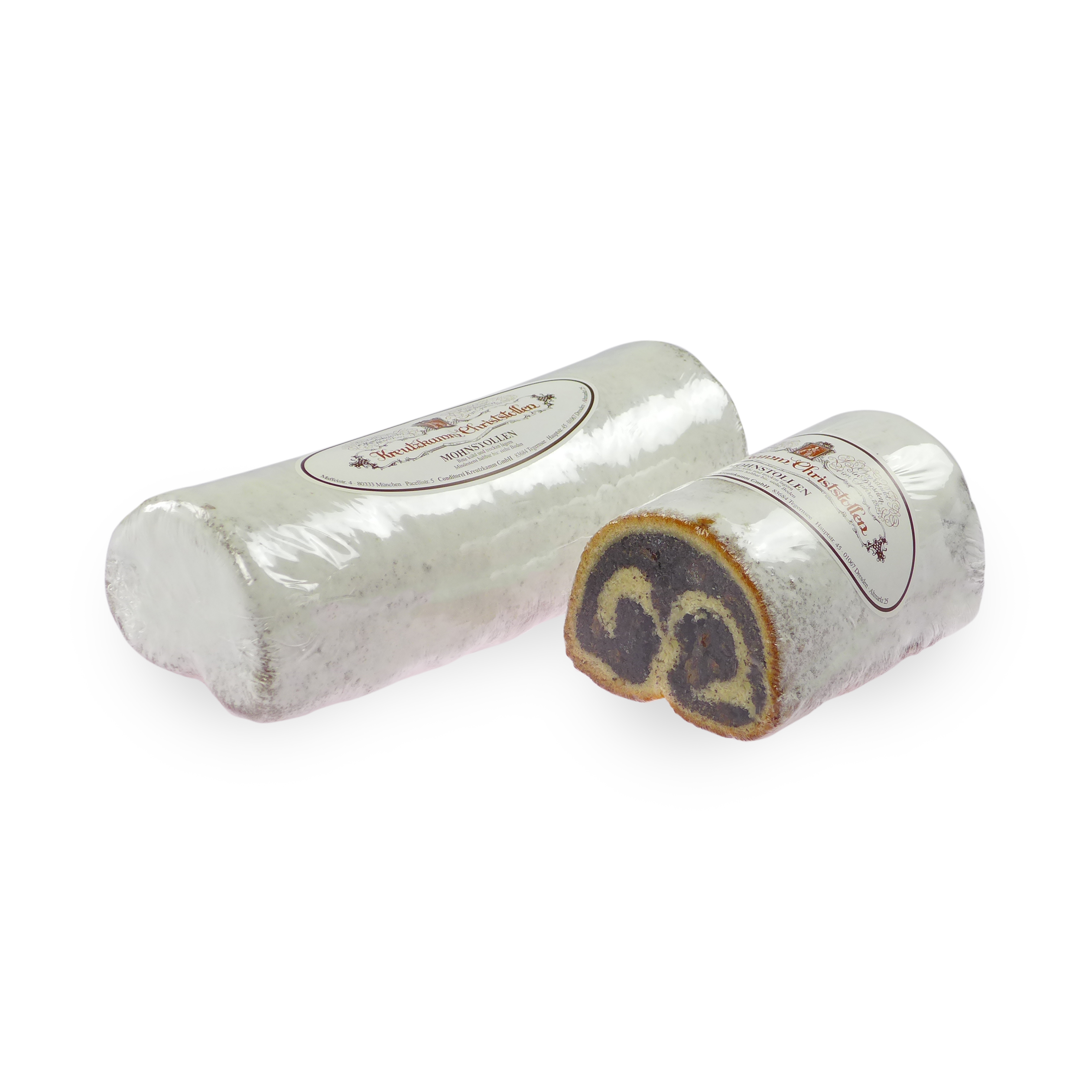 01-Mohnstollen Zwei eingepackte, weiss gepuderte Kuchen auf weissem Hintergrund, einer angeschnitten. Text: "Backhaus Kreutzkamm, Winterstollen".