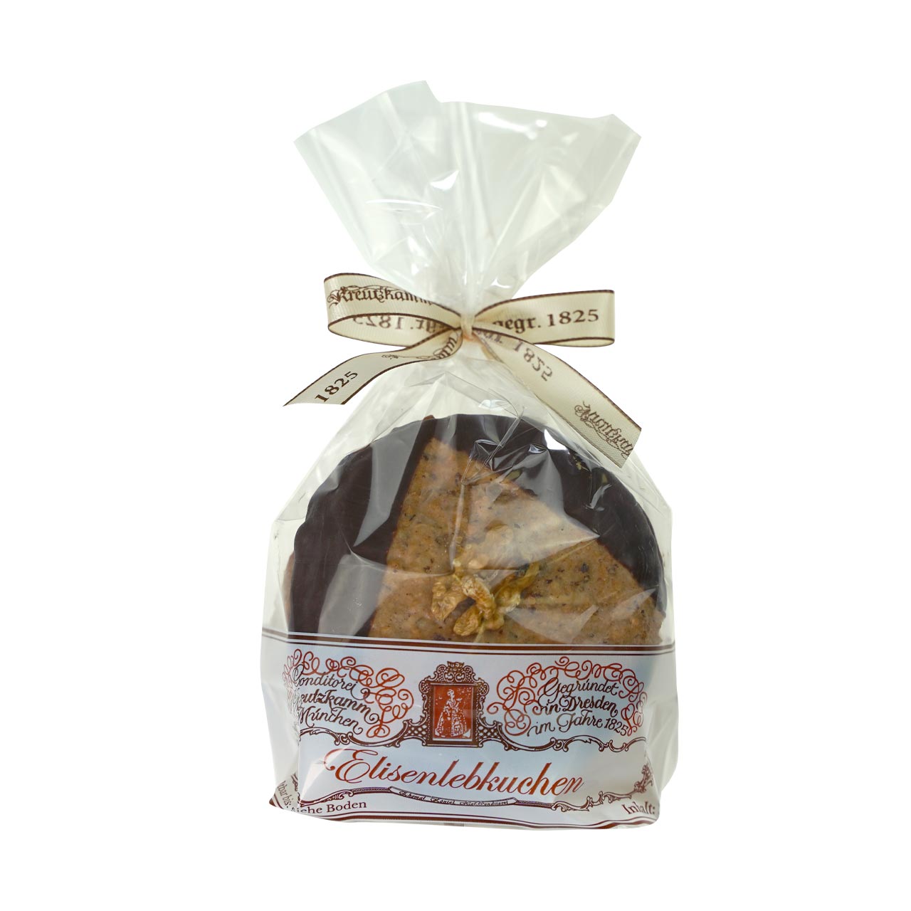 01-Lebkuchen-4er-Walnuss In Folie verpackte Elisenlebkuchen mit Schleife. Text: "Kreutzkamm GmbH, Elisenlebkuchen".
