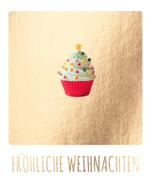 Cupcake, dekoriert als Weihnachtsbaum, in einem gold schimmernden Hintergrund. Text: Froehliche Weihnachten.