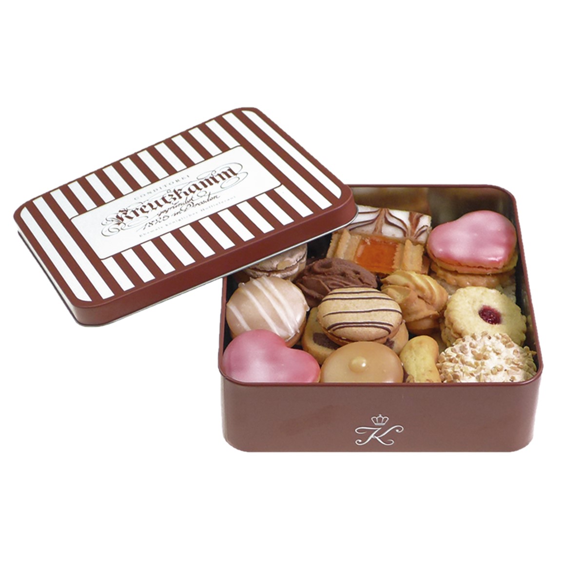 Geoeffnete Blechdose mit gemischten Keksen in verschiedenen Formen und Farben, Etikett "Backhaus Kreutzkamm".