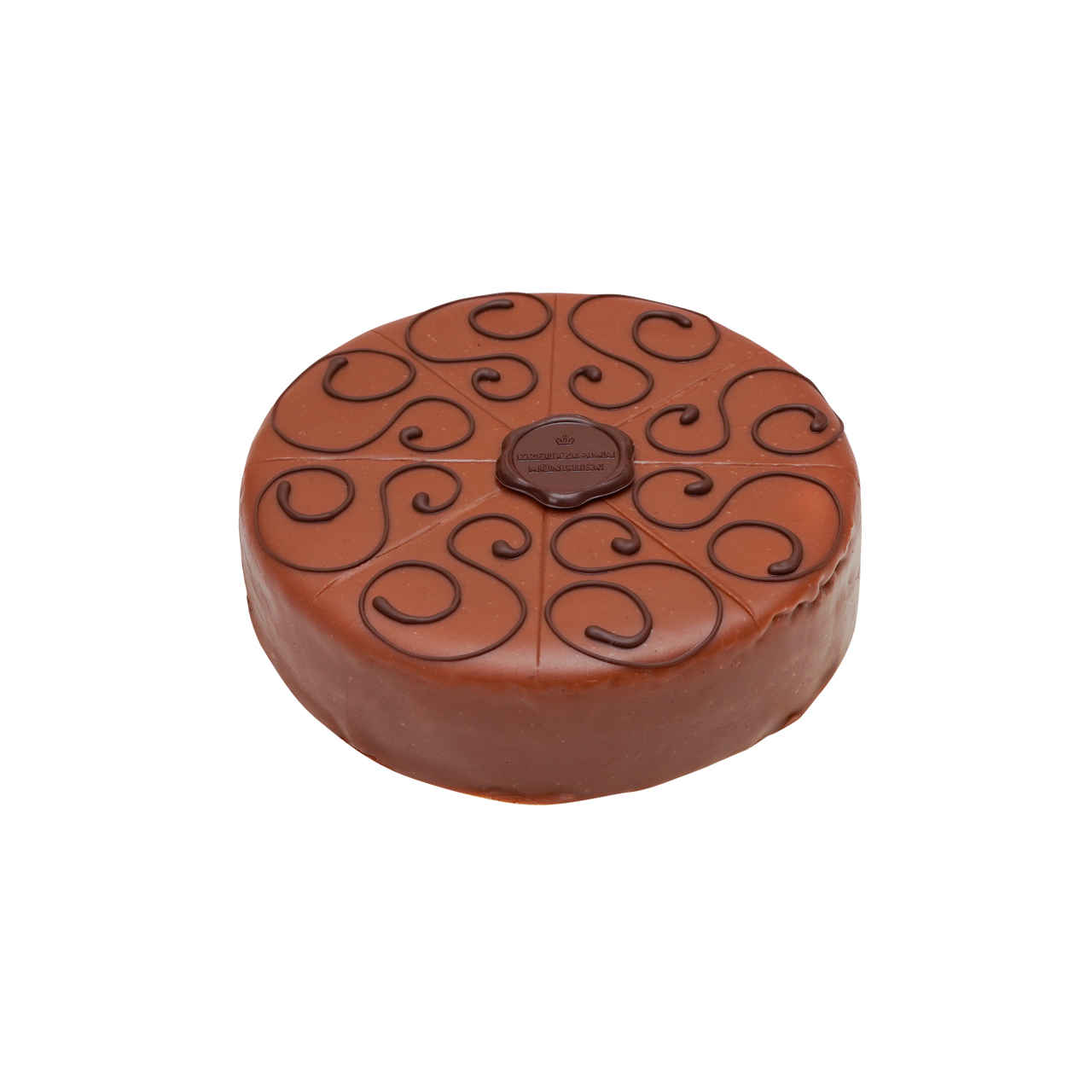 Sacher-Torte-klein Runder Kuchen mit Schokoladenueberzug und Verzierung aus Schokoladenspiralen. "Backhaus Kreutzkamm".