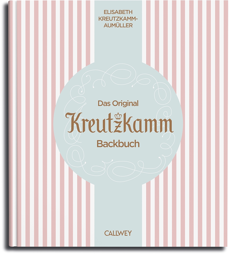 Buchumschlag mit vertikalen rosa-weissen Streifen, Text: "Elisabeth Kreutzkamm-Aumueller, Das Original Kreutzkamm Backbuch, Callwey"