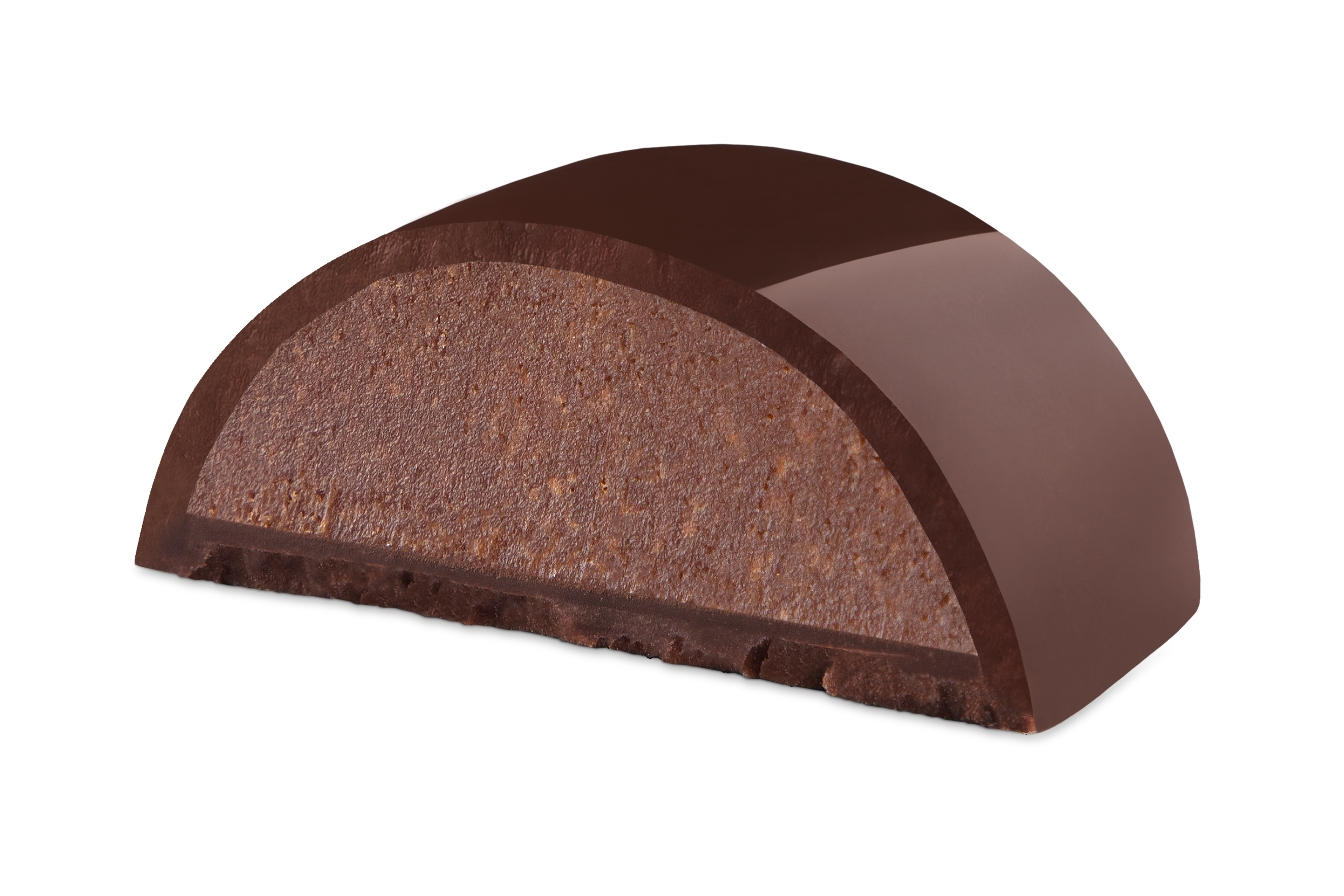 Halbrunde Schokoladenpraline mit glatter Oberflaeche und rauem, cremigem Innenleben.