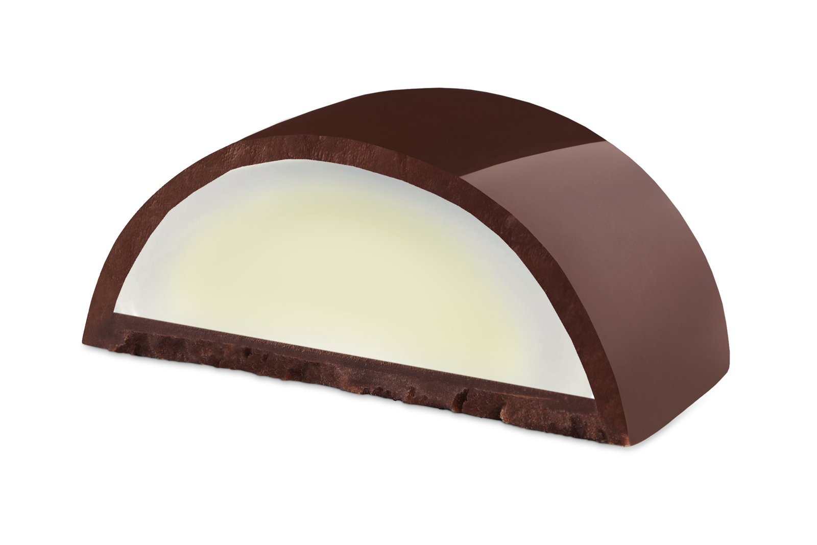 Dunkel_Dessert_Eier_Knickebein Halbierte Praline mit Schokoladenhuelle und heller Fuellung auf weissem Hintergrund.