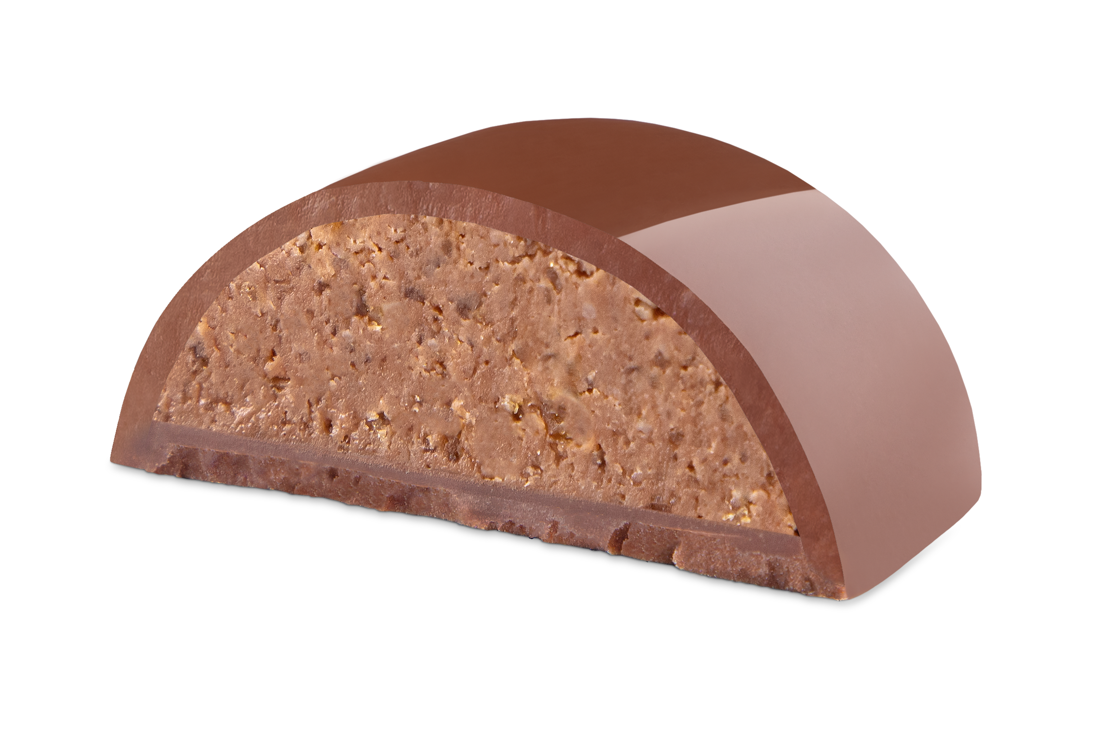 Schokoladenpraline, halbiert, zeigt schokoladige und nussige Fuellung, auf schwarzem Hintergrund.