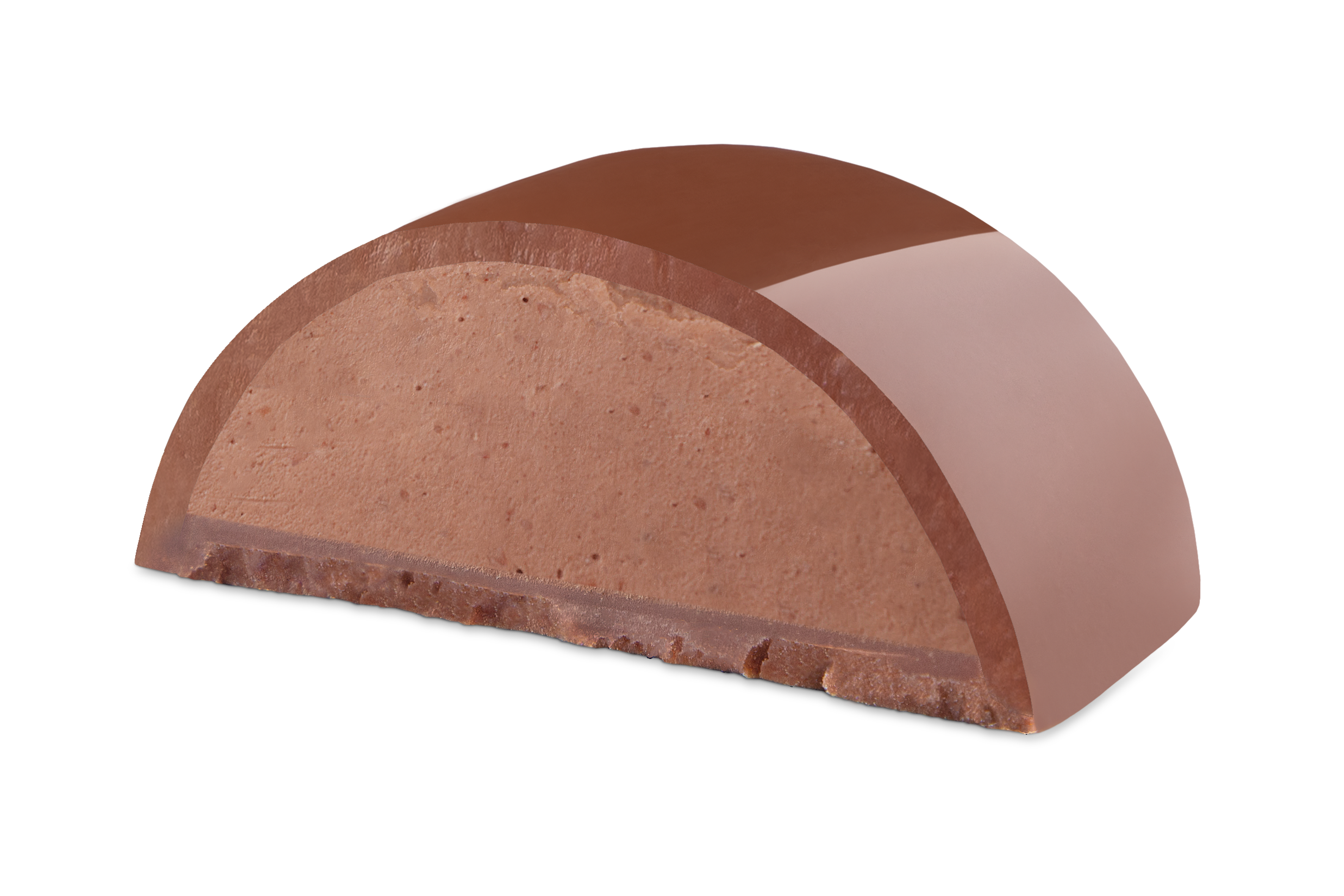 Hell_Dessert_Eier_Nougat Halbkreis-Lebensmittelobjekt mit schokoladiger Aussenseite, gefuellt mit weich aussehendem Inneren auf schwarzem Hintergrund.