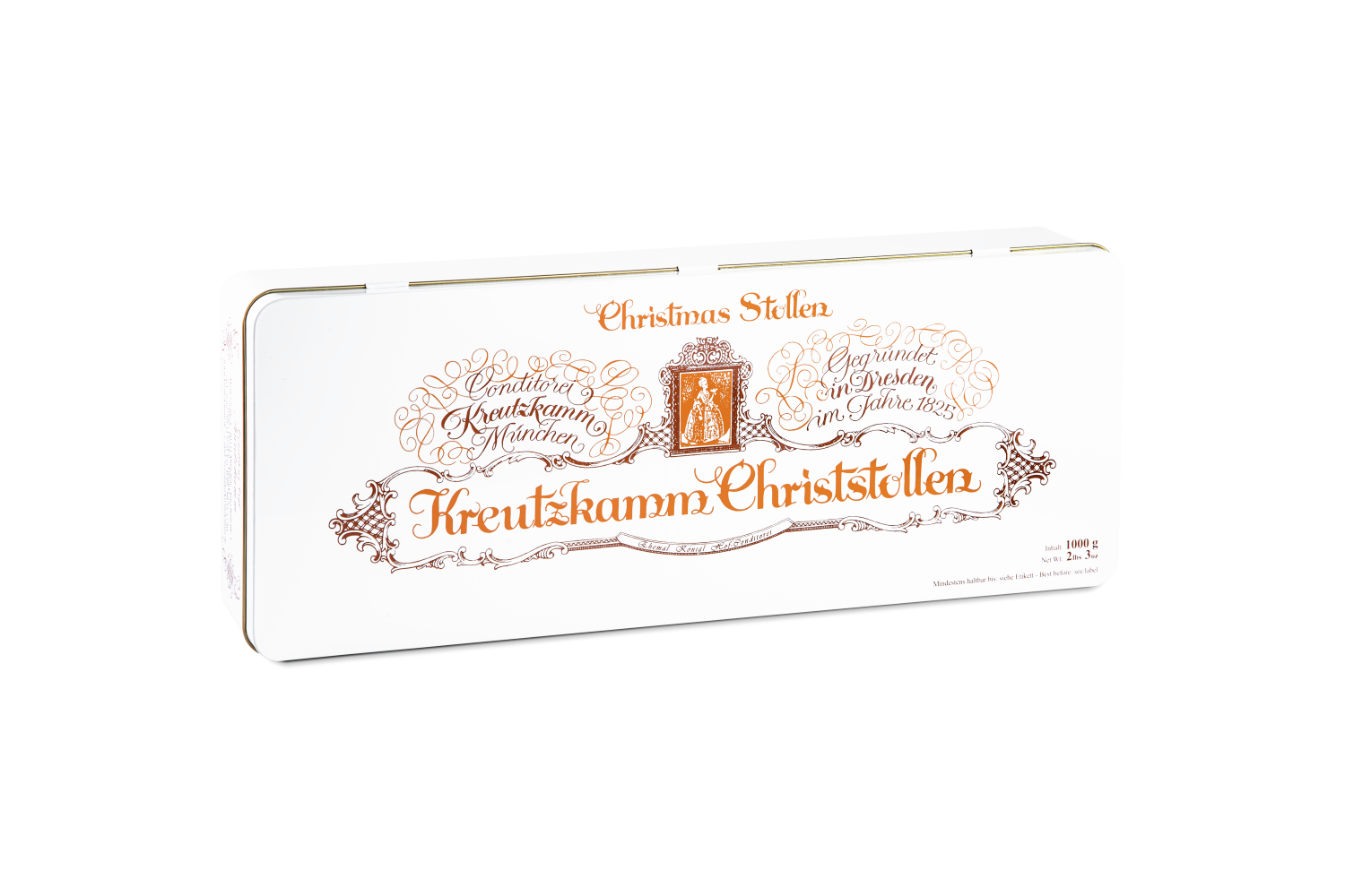 Kreutzkamm_Verpackungen_Christstollen_Blechdose_1000g-klein Weisse rechteckige Dose von Kreutzkamm Christstollen. Dekorativ beschriftet mit